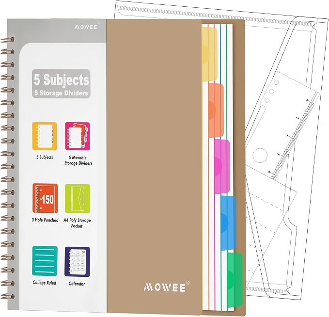 5-Subject Spiral Notebook, College Ruled, with Pocket & Tab Dividers | 300 Pages, 11" Ruler, 8.5"x11" Brown, Pocket Dividers with Tab Labels, for Writing Journal, Home, Office & School Supplies