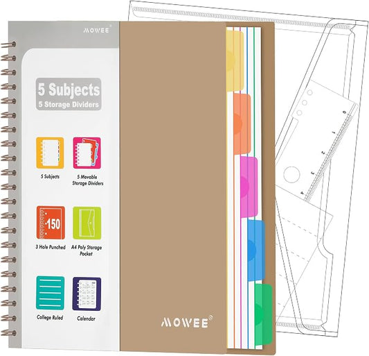 5-Subject Spiral Notebook, College Ruled, with Pocket & Tab Dividers | 300 Pages, 11" Ruler, 8.5"x11" Brown, Pocket Dividers with Tab Labels, for Writing Journal, Home, Office & School Supplies