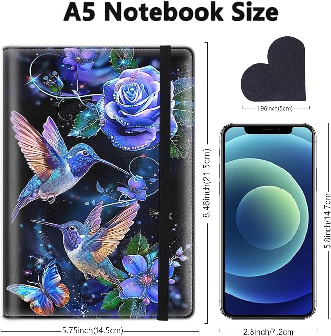 A5 Leather Lined Journal Notebook, 200 Pages Hardcover Executive Notebook for Men Women Office School Note Taking, Thick Writing Paper Daily Journal with Bookmarks/Indexes,Blue Hummingbird Flower