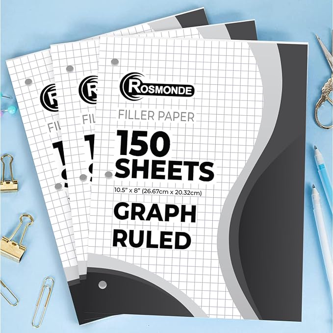 Rosmonde Loose Leaf Paper Bulk, 3600 Sheets, 24 Pack, Graph Ruled Sheets | Bulk Graph Paper, 8 x 10.5", 150 Sheets/Pack, 3 Hole Punch, Quad Ruled, Fits Standard Binders, Fights Ink Bleed, White
