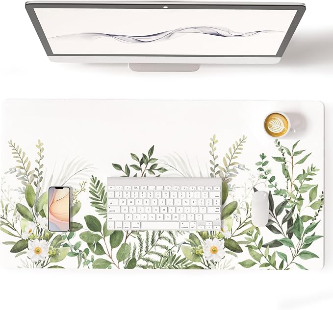 Colorful Star Green Leaves Waterproof Office Desk Mat, 31.5" x 15.7" | Non-Slip Large Computer Gaming Mouse Pad, XXL PC Laptop Protector Pads, PU Leather Desk Writing Pads for Office Home