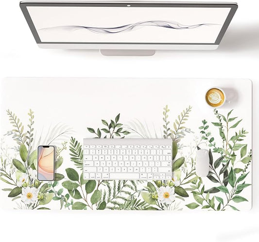 Colorful Star Green Leaves Waterproof Office Desk Mat, 31.5" x 15.7" | Non-Slip Large Computer Gaming Mouse Pad, XXL PC Laptop Protector Pads, PU Leather Desk Writing Pads for Office Home