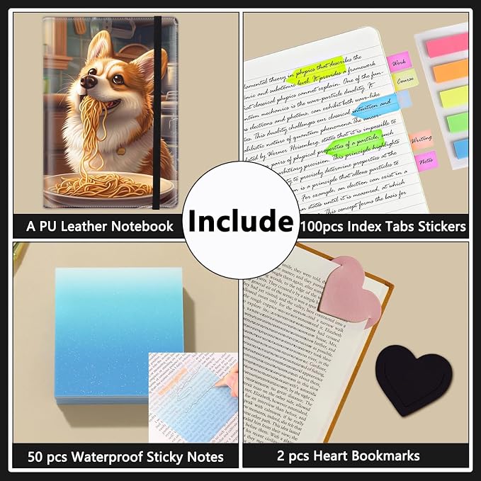 A5 Leather Lined Journal Notebook, 200 Pages Hardcover Executive Notebook for Men Women Office School Note Taking, Thick Writing Paper Daily Journal with Bookmarks/Indexes,Corgi Dog Eating Ramen