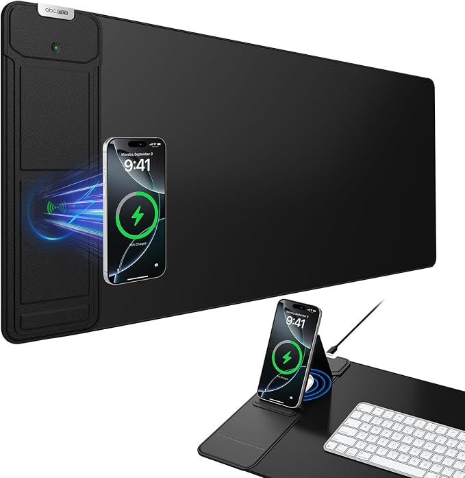 Mouse Pad with Wireless Charging & Foldable Phone Holder, Black | 27.5"x11.8 Desk Protector with Stitched Edges, Non-Slip Base, Laptop Desk Mat, Waterproof Writing Pad for Office & Home