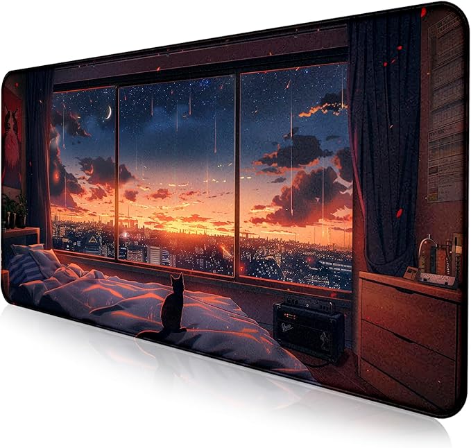 Sunset Night Cat Mouse Pad, Summer Night Scene Decoration Game Table Pad XL | Large Extended Mouse Pad; Full Desk Coverage; Waterproof Coating; Stable Anti-Slide Base For Gaming, Office, Study Daily Use