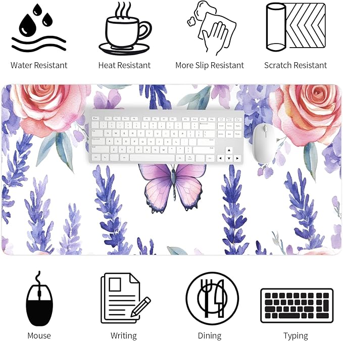 Bloss Butterflies + Flowers Desk Mat, Leather Desk Pad, Desk Matt for Desktop, Waterproof Desk Pad Mat, Computer Mat for Office Work/Home/Desk Protector(31.5 x 15.7 Inches)