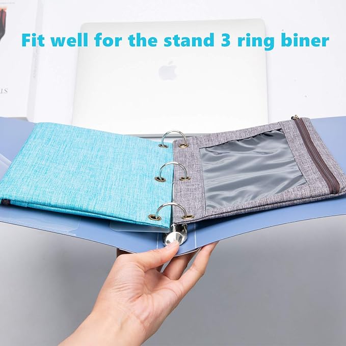 3 Rings Binder Pencil Pouch, Pencil Case with Clear Window (Grey&Blue 2pack)
