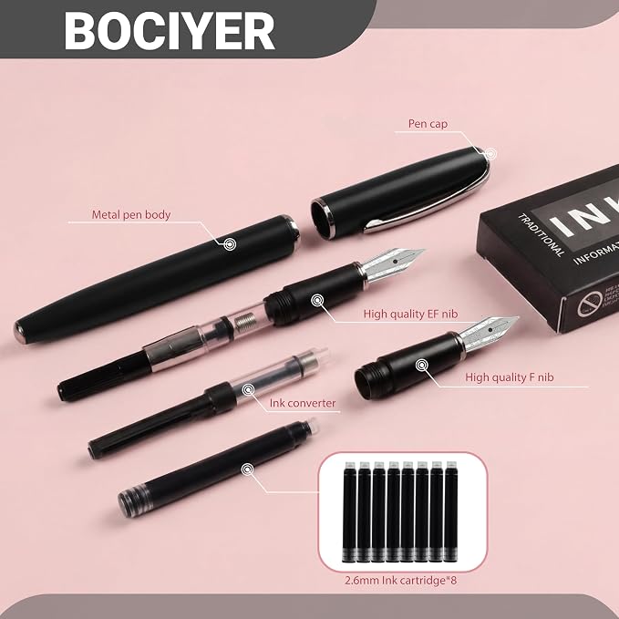 Super Smooth Writing Fountain Pen Set,Includes 2 Hand Polished Iridium Nibs(Fine & Extra Fine),8 Ink Cartridges and Gift Box,Best Pen Gift Set for School,Office(Starlight Black)