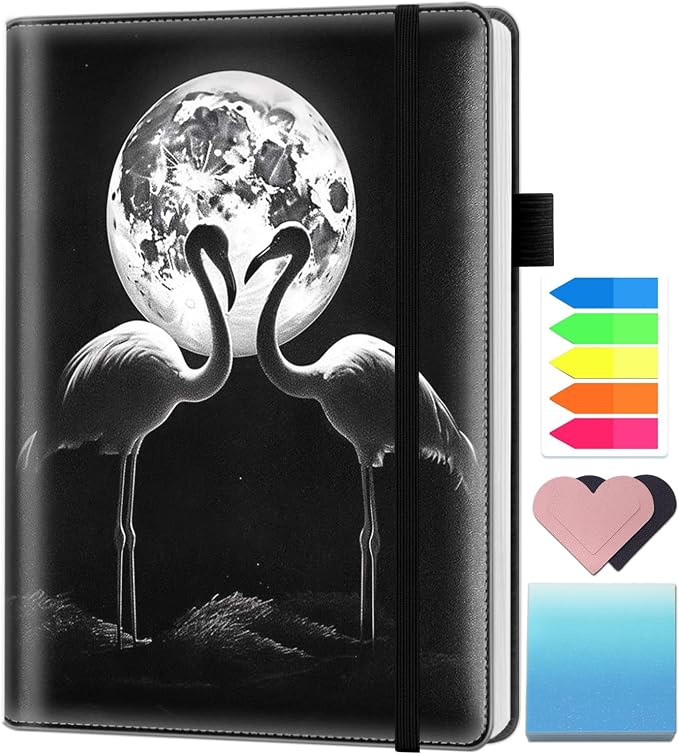 A5 Leather Lined Journal Notebook, 200 Pages Hardcover Executive Notebook for Men Women Office School Note Taking, Thick Writing Paper Daily Journal with Bookmarks/Indexes, Flamingo Moon