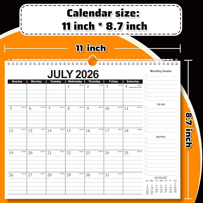2026-2027 Wall Calendar – July 2026 to Dec 2027, 18 Months, 11 x 8.7 Inches, Monthly Calendar with Major Holidays, Julian Dates, Durable Paper, for Family Planning
