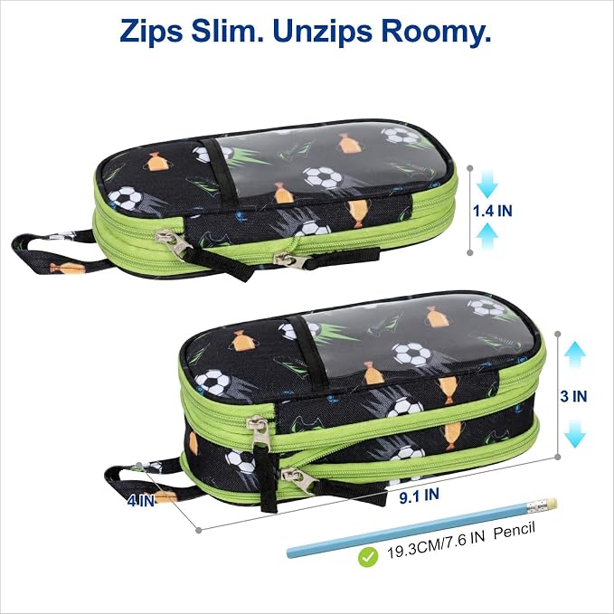 Bagseri Pencil Case for Boys - Expandable Cute Kids Pencil Case | Wide Opening Pencil Pouch Organizer for School Supplies, Cute Kids Pencil Case for Boys, Green Jungle Dinosaur