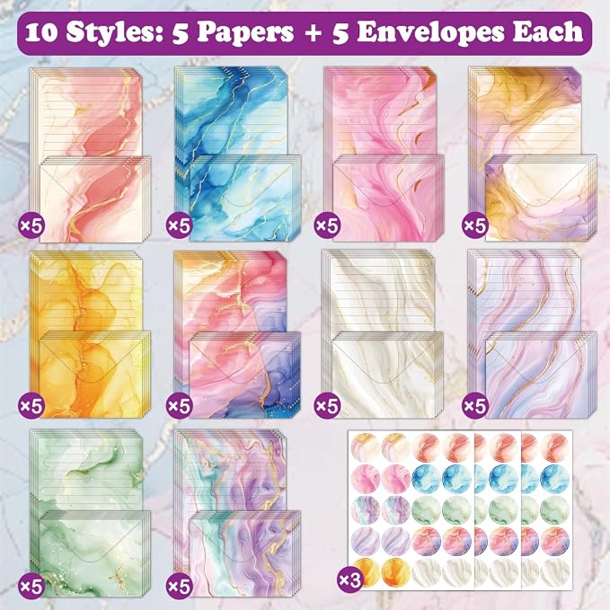 FUNCLASS 160 Pcs Marble Stationery Set Letter and Envelopes | 50 Lined Stationery Paper and 50 Matching Envelopes , 5.5 x 8.25 Inches Letter Writing Stationery for Home, Office, School