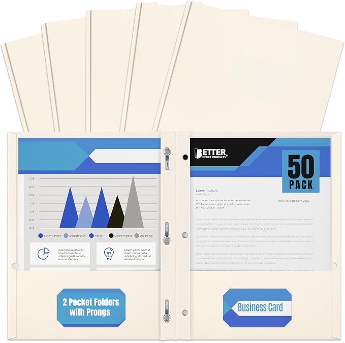 Better Office Products White Paper 2 Pocket Folders with Prongs, 50 Pack, Matte Texture, Letter Size Paper Folders, 50 Pack, with 3 Metal Prong Fastener Clips, White
