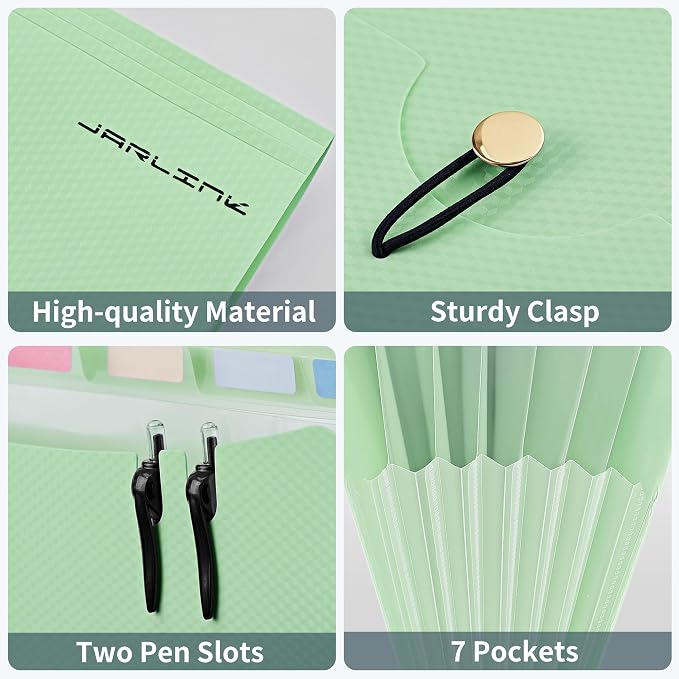 JARLINK 7 Pockets Expanding File Folder, A4 Accordion folders, Green | Accordion File Folders with 12 Labels, Portable Document Organizer for Home, College, School, and Office Supplies
