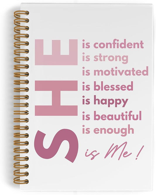 She Is Me Inspirational Spiral Notebook for women, Positive Affirmations Journal Notebook, Pink Self Love Notebooks for School Work, Motivational Office Supplies Gifts for Girls, 5.5x8.3 Inch