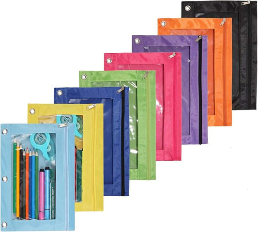 Zippered Binder Fabric Pencil Pouch | 3 Rings with Clear Window for School Classroom Organizers 8 pack (multicolor)