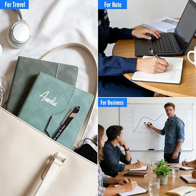 ENOMY Personalized Notebook Journal & 10 PC Pens Set Custom Notebook with Pen 240 Pages A5 Hardcover Journal for Men Women Leather Notebook for Work College Graduation Gifts, Green