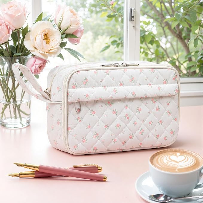 WOBAGMEN Quilted Pencil Pouch for Women, Large Capacity Pencil Case with Compartments, Cute Aesthetic Pencil Organizer, Floral Stationery Pouch（Pink mini Floral）