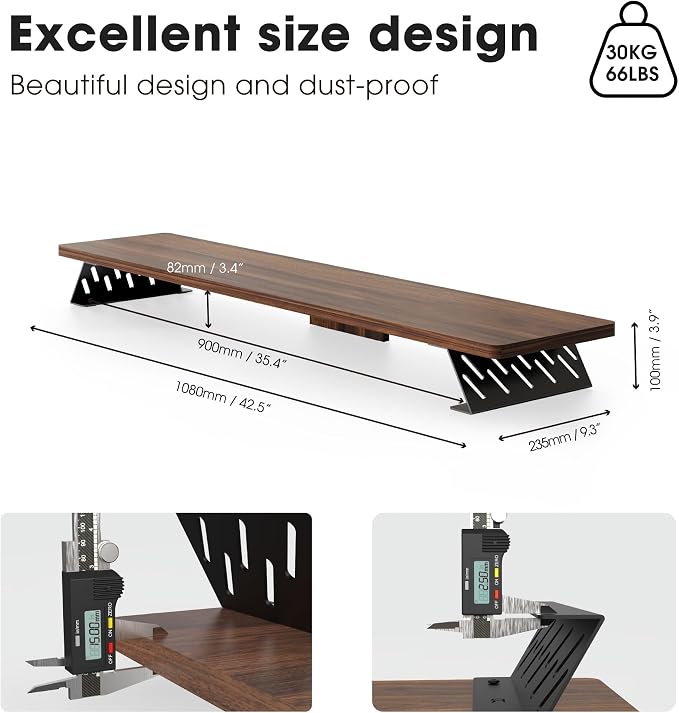 Fenge Monitor Stand Riser, Wooden & Metal Desk Shelf Organizer, Brown | 42.5 Inch Dual Monitor Riser for 2 Monitors, Multifunctional Monitor Shelf for Laptop, PC, Printer