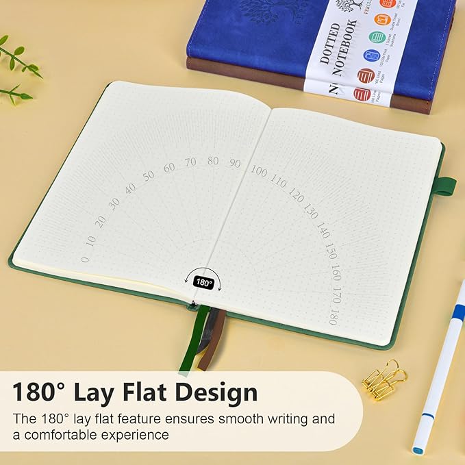 PERCUN A5 Dotted Journal Notebook, Leather Hardcover Notebook 5.9"×8.5" | 160 Dotted Pages Journal for Women & Men, Dot Grid Notebook for Writing, Work, School, Travel Daily Diary, Bullet Journaling