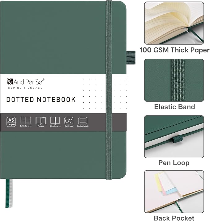 &And Per Se Dotted Journal – A5 Hardcover, Dot Grid Notebook for Planning & Journaling, 160 Pages 100gsm Paper, Stickers - 5.7”x8” (Dark Green)