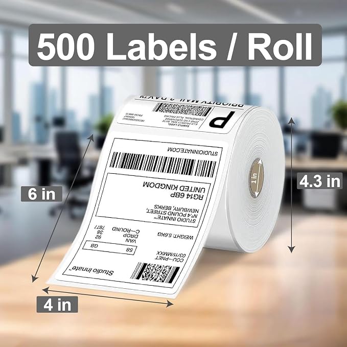 4000 4x6 Thermal Shipping Labels 500/Roll, HUOJI 4x6 Thermal Labels Roll Compatible with Rollo, Zebra, MUNBYN Printers, Commercial Grade(FBM)