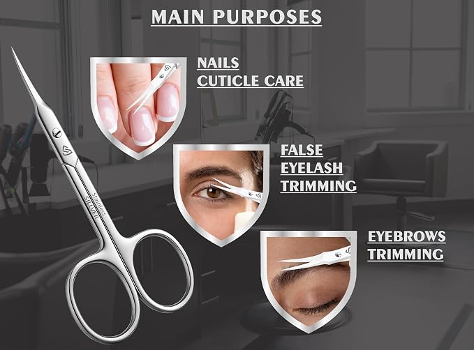 SILLVER Cuticle Scissors Extra Fine Curved, Super Slim Small Scissors with Precise Pointed Tip, Beard, Eyelash, Mustache, Dry Skin - Manicure Scissors
