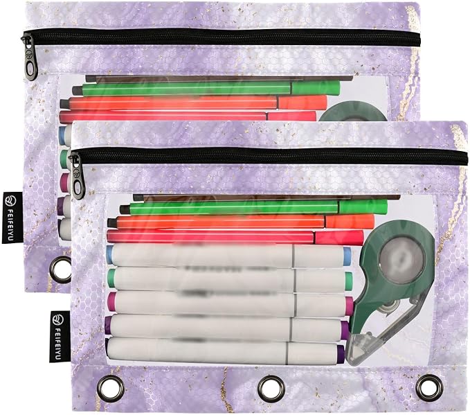 Purple Marble Ripple Pencil Pouch Fits standard 3-ring binders, Zipper Binder Pencil Bag with Clear Window for Class Office 2 Pack