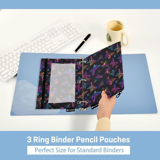 Binder Pencil Pouches Neon Color Butterflies Pen Case | Clear Window 3 Rings, Cosmetic Bags School Office Supplies Cosmetic Makeup Bag 2 Psc