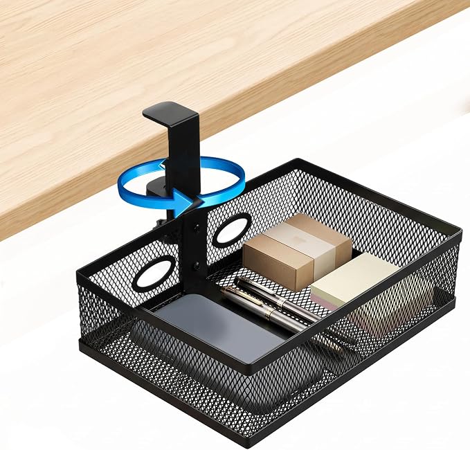 Under Desk Storage Basket, 360 Degree Swivel Clamp On Mesh Desk Organizer No Drill Installation Hidden Storage Drawer Mount Tray for Office Home Art Supplies, Black