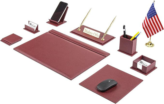 Venus Bonded Leather Executive Desk Set – 12-Piece Luxury Desk Organizer with Desk Mats & Blotters, Mouse Pad, Name Plate, Pens & Office Accessories (5 Color Options)