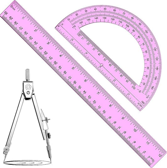 Zonon 3 Pcs Plastic Ruler 6 Inch Protractor Drawing Compass Set, Student Geometry Math Transparent Measuring Tools for Home School Classroom Office Supplies(12 Inch,Pink)