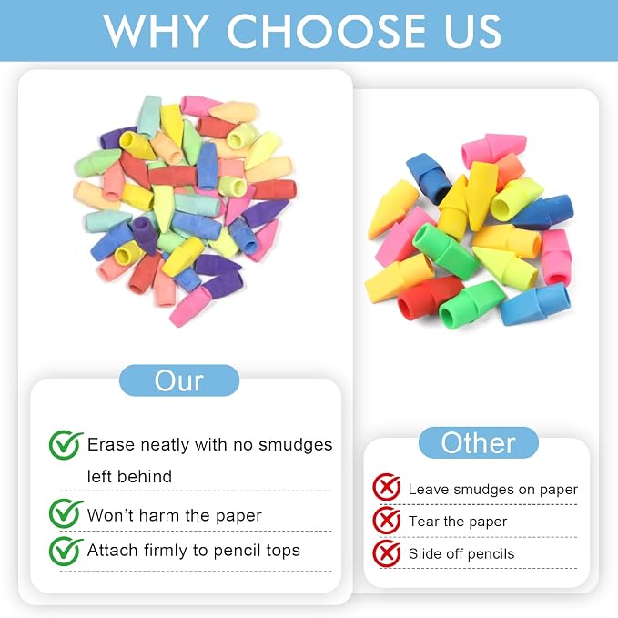 180 Pack Pencil Top Erasers, Erasers for Pencils, Assorted Color Pencil Cap Erasers Bulk for Kids, Students, Teachers, Classroom, School, and Office