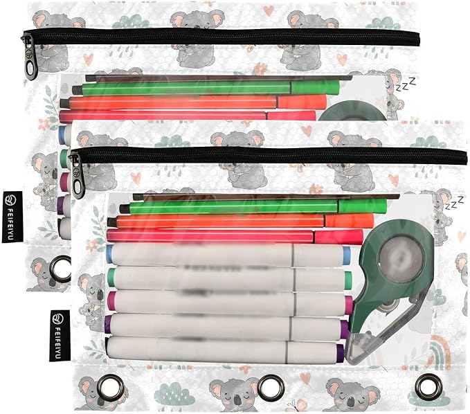 Gredecor Binder Pencil Pouch 3 Ring Koala Rainbow Floral Zipper Pencil Pouches Case 2 Pack Clear Binder Organizer for School Office