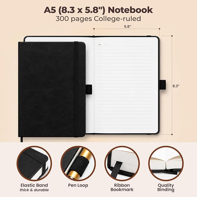 Lined Leather Bound Journal Notebook, A5 Hardcover Thick 300 Pages Black | 5.8x8.3" College Ruled Paper Journals for Men and Women - Personal and Professional Note Book for Writing & Journaling