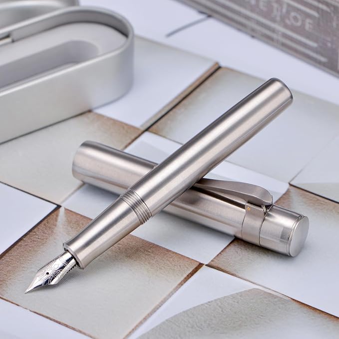 HONG DIAN M2 Titanium Mini Fountain Pen, Fine Soft Nib & Sleek Shape Metal Short Pocket Travel Pen (Titanium Gray)