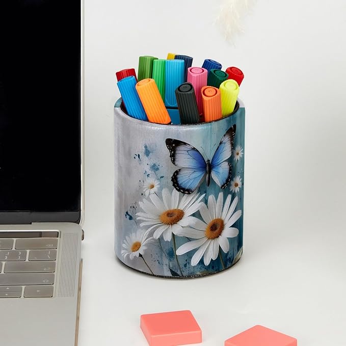 Rural Daisy and Butterfly Leather Pen Holder for Desk, Multifunctional Desktop Organizer Pencil Cup, Desktop Caddy Stationery Organizer for School Home Office Desk Accessories
