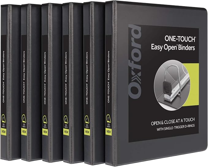 Oxford 3 Ring Binders, 0.5 inch ONE-Touch Easy Open D Rings, Durable Binders for School and Office, View Binder Covers, Xtralife Hinge, Non-Stick, PVC-Free, Black, Holds 125 Sheets, 6 PK (79901)
