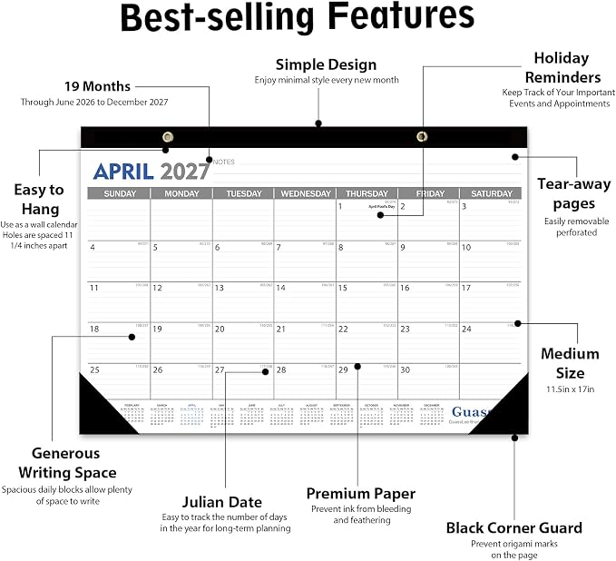 GuassLee Desk Calendar 2026-2027 - 19 Monthly Desktop Calendar 17" x 11.5" Medium Size Runs from Jun. 2026-Dec. 2027 with Julian Dates for Students Family Office Easy Planning