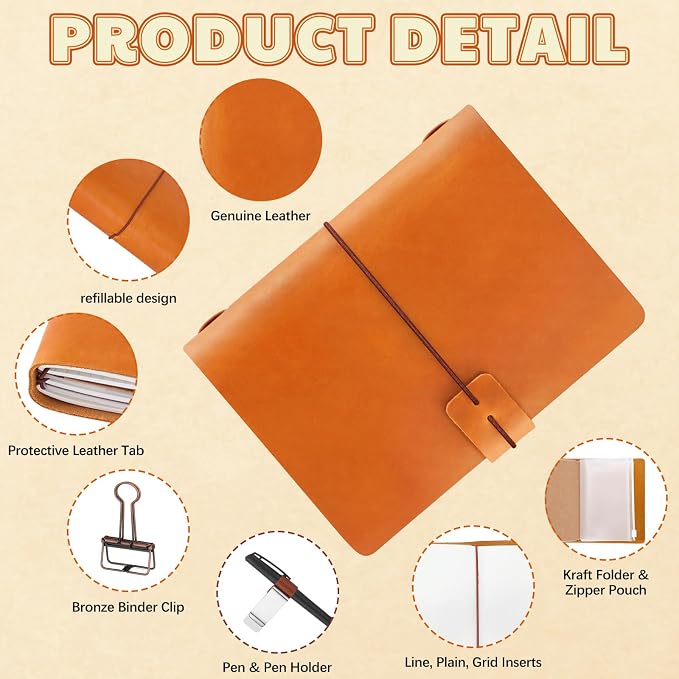 Thenshop Travelers Refillable Leather Journal Notebook Travel Diary Handmade Passport Travelers Journal for Men and Women with 3 Notebook Inserts, Pen Holder, Binder Clip (Light Brown,Passport Size)
