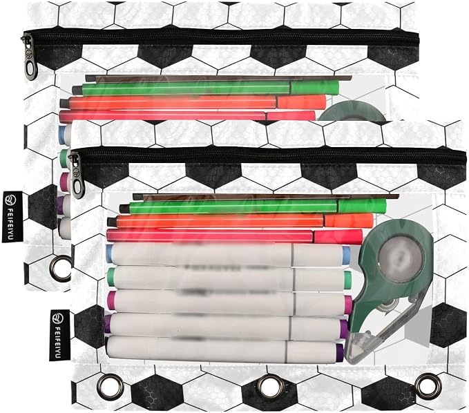 Gredecor 3 Ring Binder Pencil Pouch, Classic Soccer Ball Zippered Pen Case Pouches with Clear Window, 2 Pack Stylish Office & School Supplie