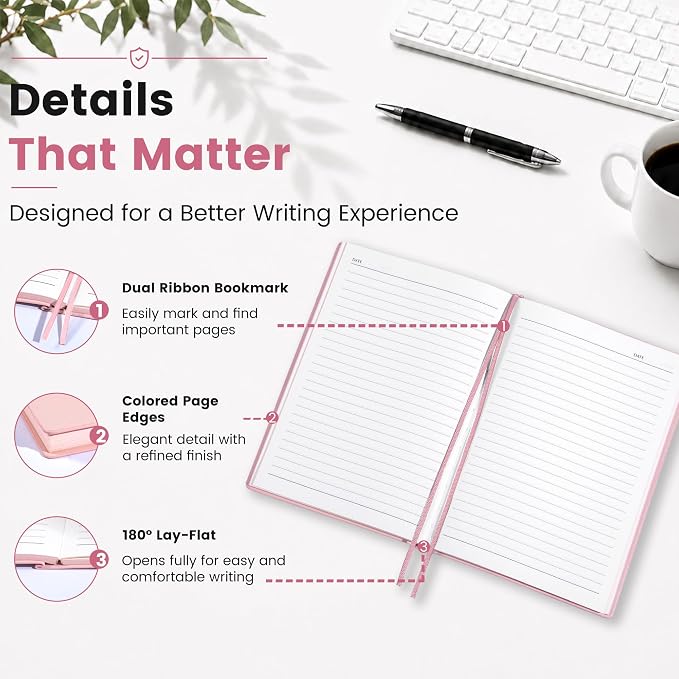 CAGIE Lined Journal Notebook for Men & Women,176 Pages A5 Medium Size, Softcover Leather Journals for Writing, College Ruled Notebook for Work & School, 100 GSM Thick Paper (5.7'' x 8.3'') (Pink)