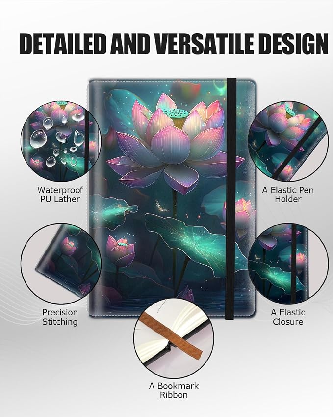 Hardcover Executive Notebooks, A5 PU Leather Lined Journal Notebook, 200 Pages Thick Paper Subject Notebooks for School,Work,Home Writing Business Notebook, Diary Book, Tranquil Lotus Pond