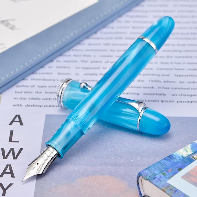 Asvine V800 Fountain Pen – Vacuum Filling System with Large Ink Capacity – Smooth Number 8 Fine Nib with Gift Case and Wrench- Sky Blue Acrylic