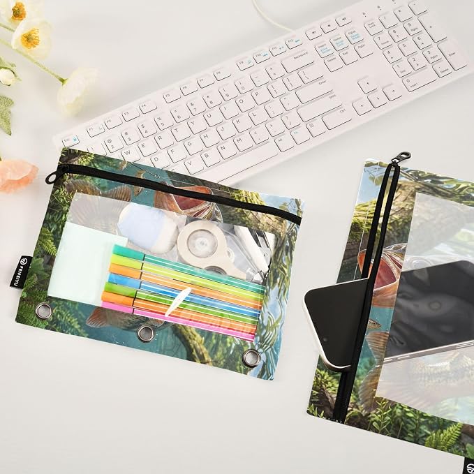 Largemouth Bass Fish Pencil Pouches for 3 Ring Binder, Zipper Binder Pencil Case, 2 Pack Clear Window Case Bag for Office Organizers
