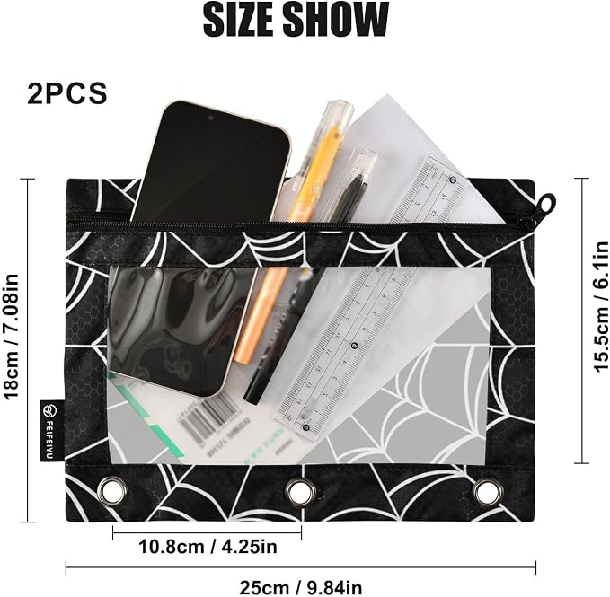 Goth Spider Web Pencil Pouches for 3 Ring Binder 2 Pack | Binder Pencil Case With Zipper Reinforced GrommetsPencil Bags for Office Organizers