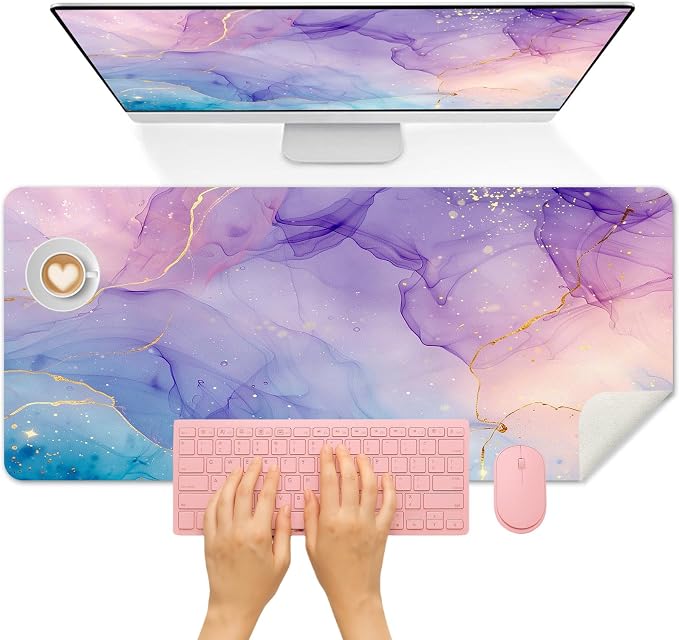 Britimes Teal Mauve Marble Desk Mat Watercolor Golden Purple Deak Pad Non-Slip PU Leather Large Keyboard Mouse Pad Office Desktop Accessories for Office,Work,Home Decor(31.5"X15.7")