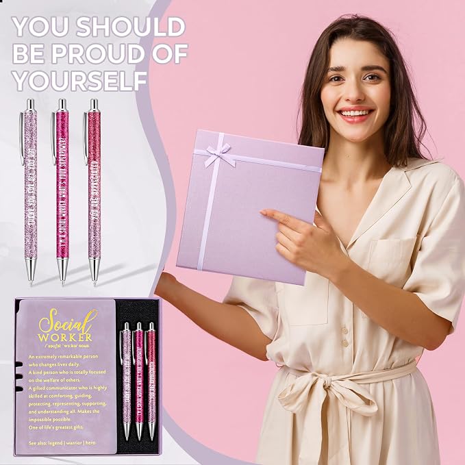 Resurhang 5 Pcs School Social Worker Must Haves Office Supplies Gift Leather Journal Notebook 3 Ballpoint Pens with Box Thank You Social Work Appreciation Gift for BSW MSW DSW(Purple)