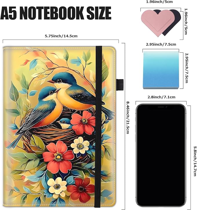 Hardcover Executive Notebooks, A5 PU Leather Lined Journal Notebook, 200 Pages Thick Paper Subject Notebooks for School,Work,Home Writing Business Notebook, Diary Book ，Colorful Birds and Flowers