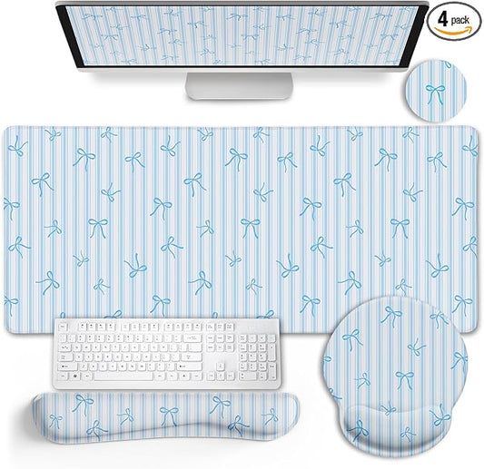 LIMKRIAN Blue Striped Mouse Pad Set Large Desk Mat for Keyboard and Mouse | Ergonomic Office Mousepad with Wrist Rest, Keyboard Mat Wrist Support, Cup Coaster, Cute Office Desk Accessories for Women